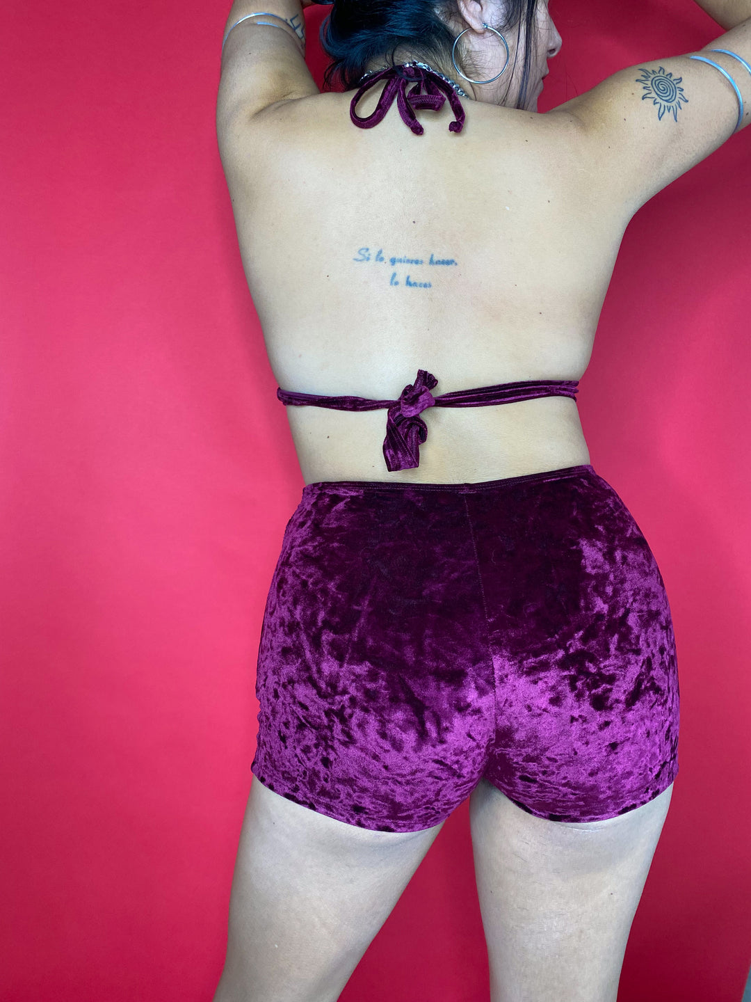 Maroon Crushed Velvet Cut Out Shorts SHORTS Mi Gente Clothing   