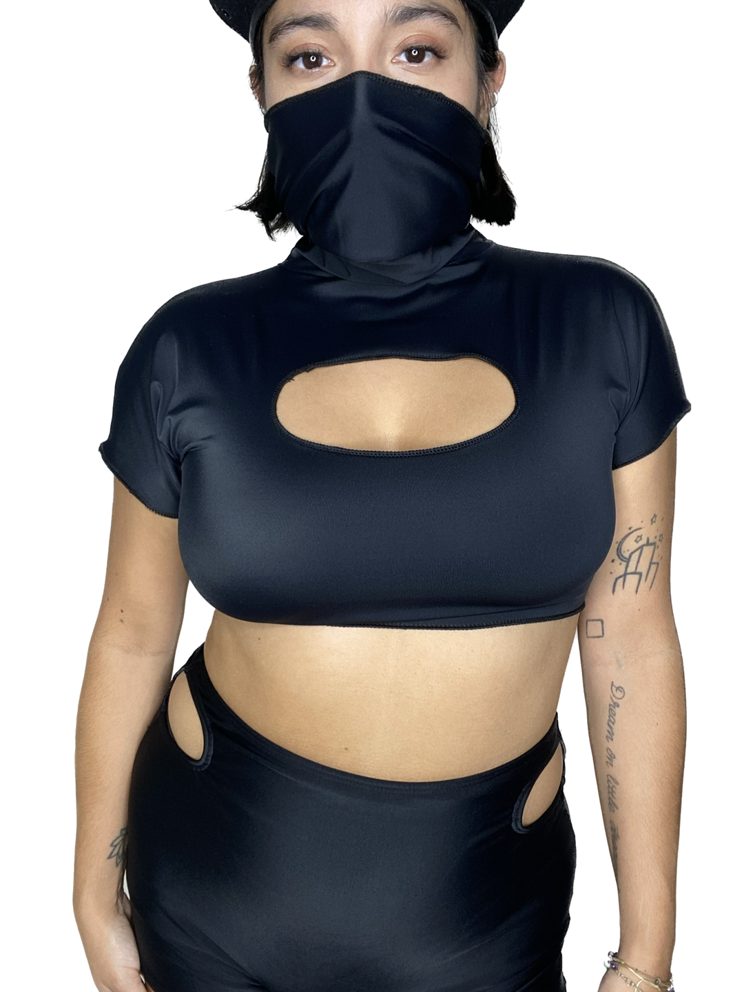 Black Short Sleeve Ninja Cut Out Crop Top CROP TOP Mi Gente Clothing   